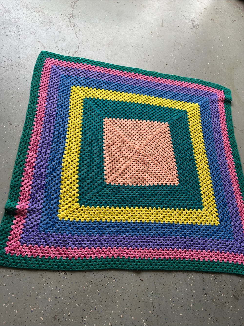 Vintage Handmade Colorblock Crochet Blanket - Pink, Teal, Yellow, Blue, Purple